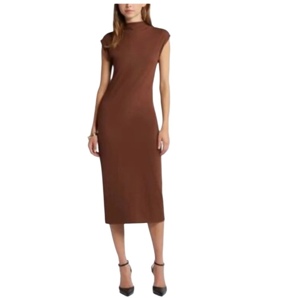 Open Edit Womens‎ Scuba Knit Mock Neck Midi Dress L Brown Soil Minimalist Chic